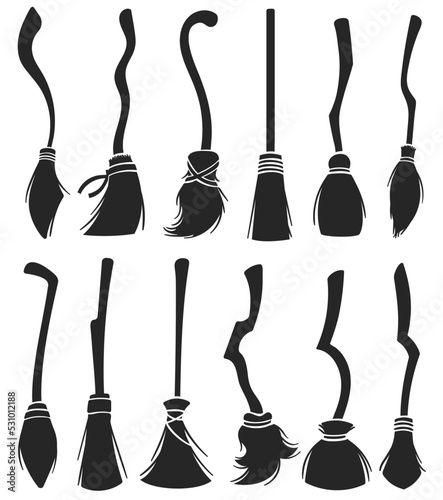 Stencil witch brooms. Magic halloween broomstick, cleaning brush stick and old wizard broom silhouette vector set