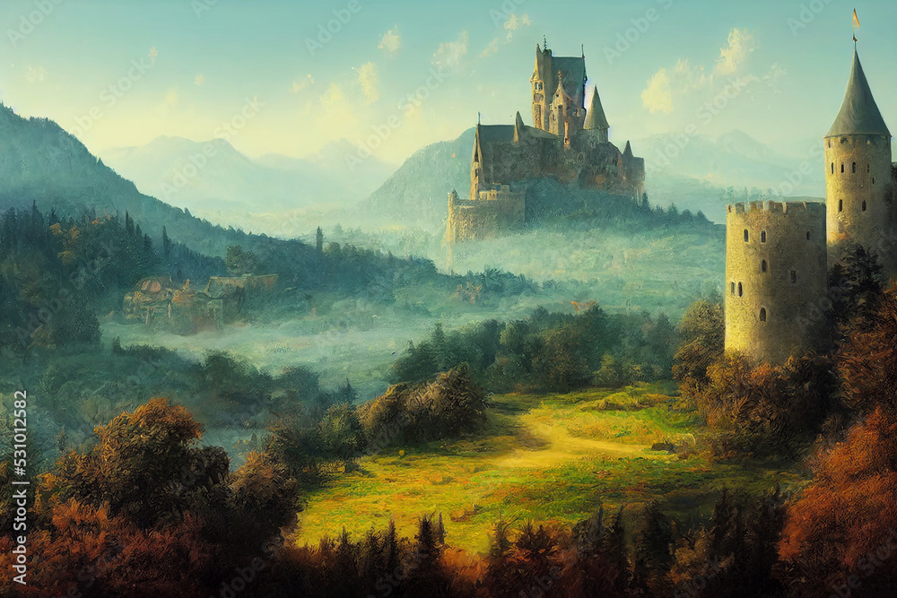 Fantasy landscape with castle in the countryside