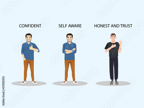 This image consist three peoples where they are in self confidence, self aware, confident, honest and trusty. Honesty, Trust, self confidence, self awareness with face expression and happy face stand.