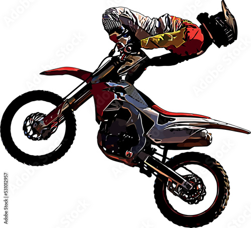 Color vector image of motorcyclist performing an extreme jump trick photo