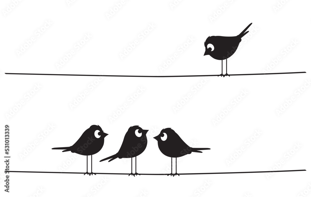 Birds On Wire Silhouettes, Vector. Cartoon fun illustration. Black and  white vintage art design. Minimalist poster design isolated on white  background. Wall Decals, Art Decor, Stock Vector | Adobe Stock