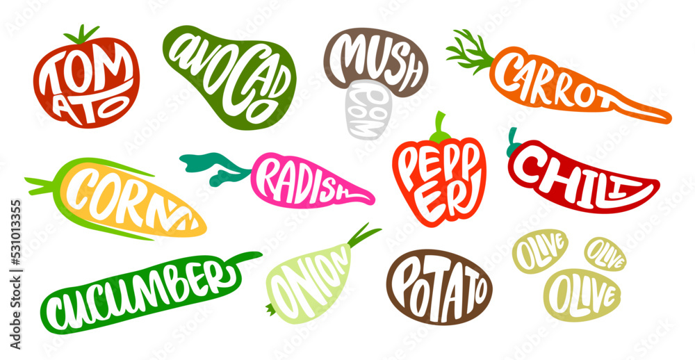 Vegetables lettering. Grocery badges with typographical vegetable name. Calligraphy tomato, pepper and carrot sign vector set Vegetables lettering. Grocery badges with typographical vegetable name. Calligraphy tomato, pepper and carrot sign vector set