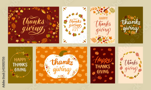 Thanksgiving day cards. Autumn holiday lettering with fall leaves and pumpkins, happy thanks giving vector set