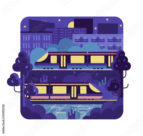 Two trains near the night city, vector illustration in flat stile