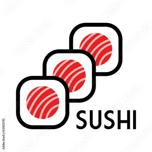 Sushi bar. Cocina tradicional japonesa. Logotipo con texto Sushi con sushi y rollos