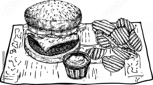 Illustration of burger, chips and sauce on newsprint. Fast food sketch. Vintage burger hand draw poster. lassic dinner, vector drawing photo