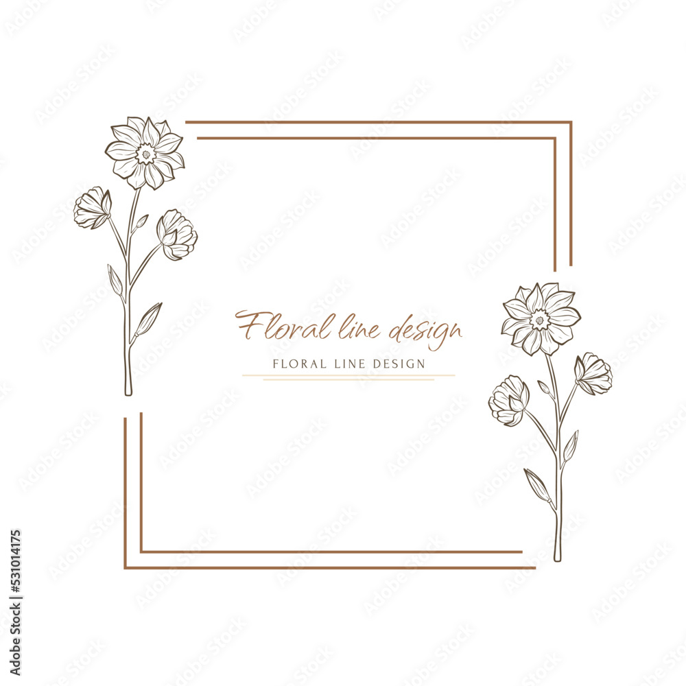 Hand drawn minimal logo of blooming flowers and leaves in line art. Bohemian floral vector illustration. Decorative botanique monogram composition for greeting card, wedding invitation Hand drawn minimal logo of blooming flowers and leaves in line art. Bohemian floral vector illustration. Decorative botanique monogram composition for greeting card, wedding invitation