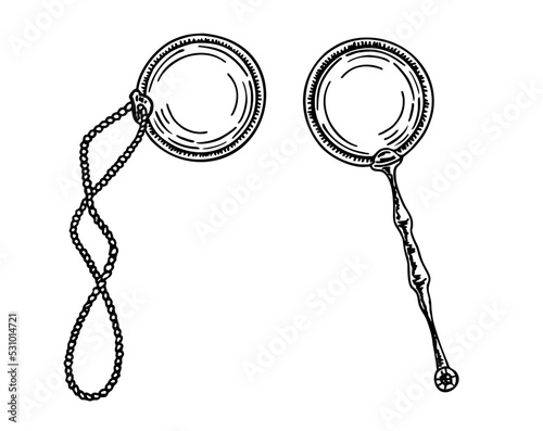 Old monocle glasses vector sketch isolated on white background. Vintage monocle icon. Vintage spectacles. Ink sketch isolated on white background. Hand drawn vector illustration. Retro style.