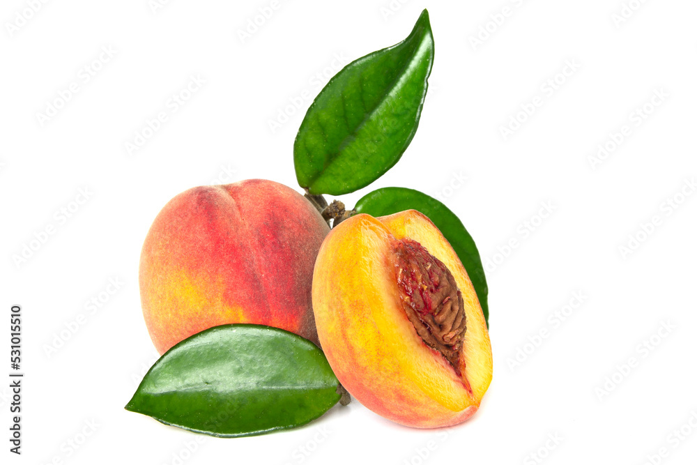 Peach fruit half with leaf isolated on white background Peach fruit half with leaf isolated on white background
