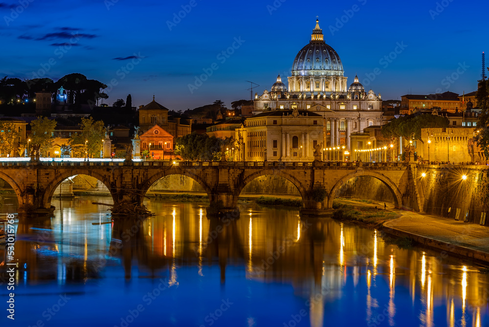 Sunset view of Basilica Saint Peter, bridge Sant Angelo and river Tiber in Rome. Italy. Architecture and landmark of Rome. Postcard of Rome