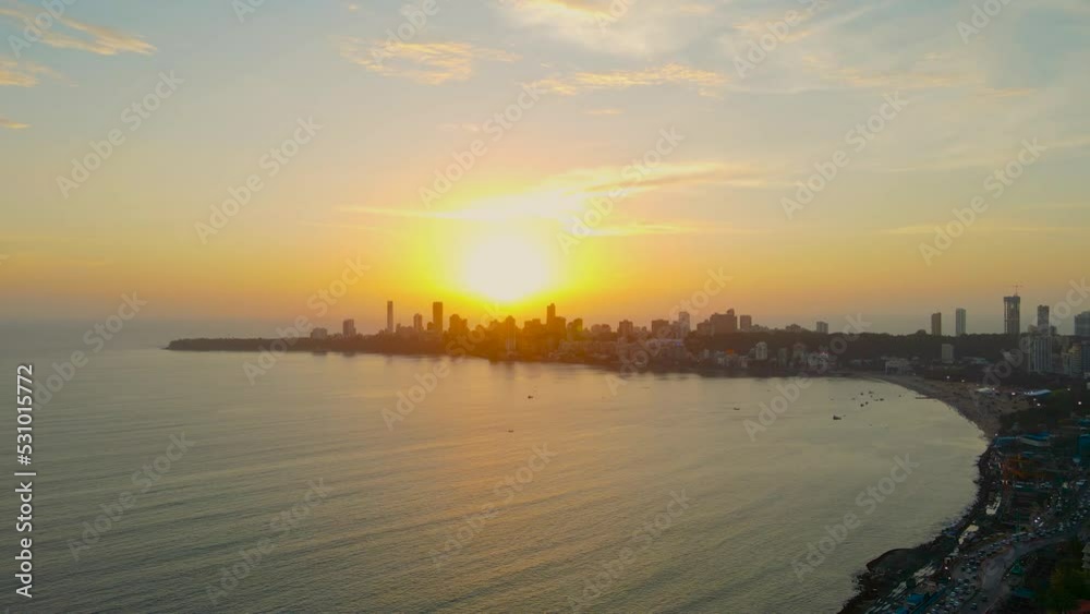 Drone shot of a Beautiful Evening Sunset at Marine Drive, Mumbai Drone shot of a Beautiful Evening Sunset at Marine Drive, Mumbai
