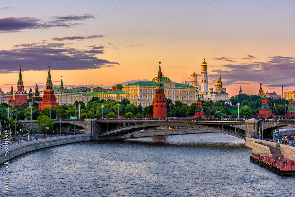 Moscow Kremlin, Kremlin Embankment and Moscow River at sunset in Moscow, Russia. Architecture and landmark of Moscow.
