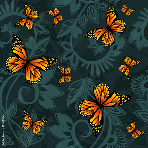 Seamless pattern with swirls and butterflies. Vector illustration
