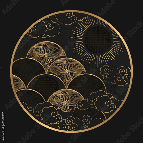 Vector illustration with gold Sun, waves, clouds and symbols isolated on black background. Asian traditional motifs design for print, card, wallpaper, poster, banner © DarianaArt
