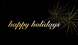 Background with text happy holidays.
Christmas Poster, Bright Horizontal Holiday Christmas Posters, Cards, Websites. Gold glitter palm tree with a black background.