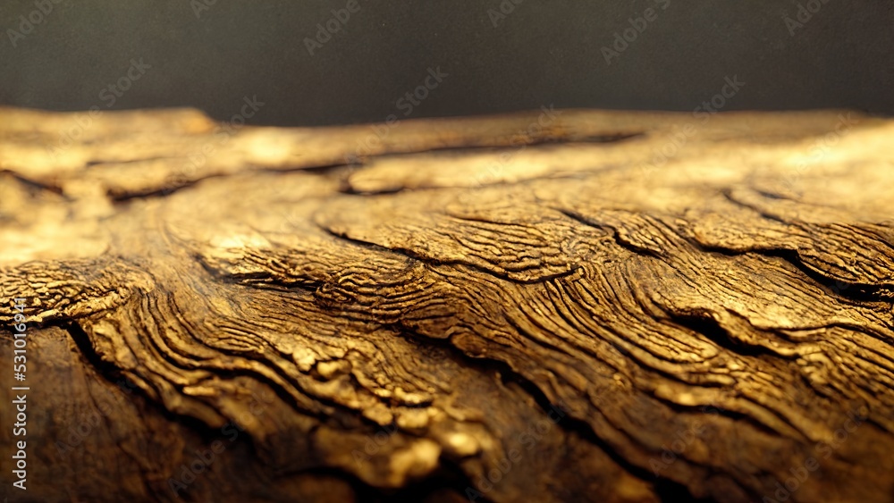 Closeup of abstract gold tree bark wood texture,  shallow focus depth of field, generative AI illustration