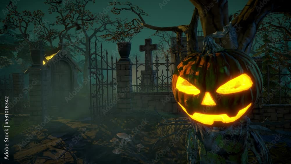 Halloween pumpkin head Jack lantern on the graveyard Halloween pumpkin head Jack lantern on the graveyard