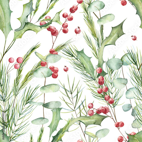 Square seamless pattern with watercolor hand painted winter plants on white background. Christmas themed fir tree branches and berry tree twigs