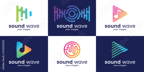collection of logo designs Pulse music player logo elements Electronic music logo template, equalizer, shop, audio wave logo concept.