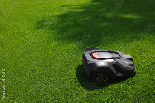 Fotografie Modern robot lawn mower on green grass in garden