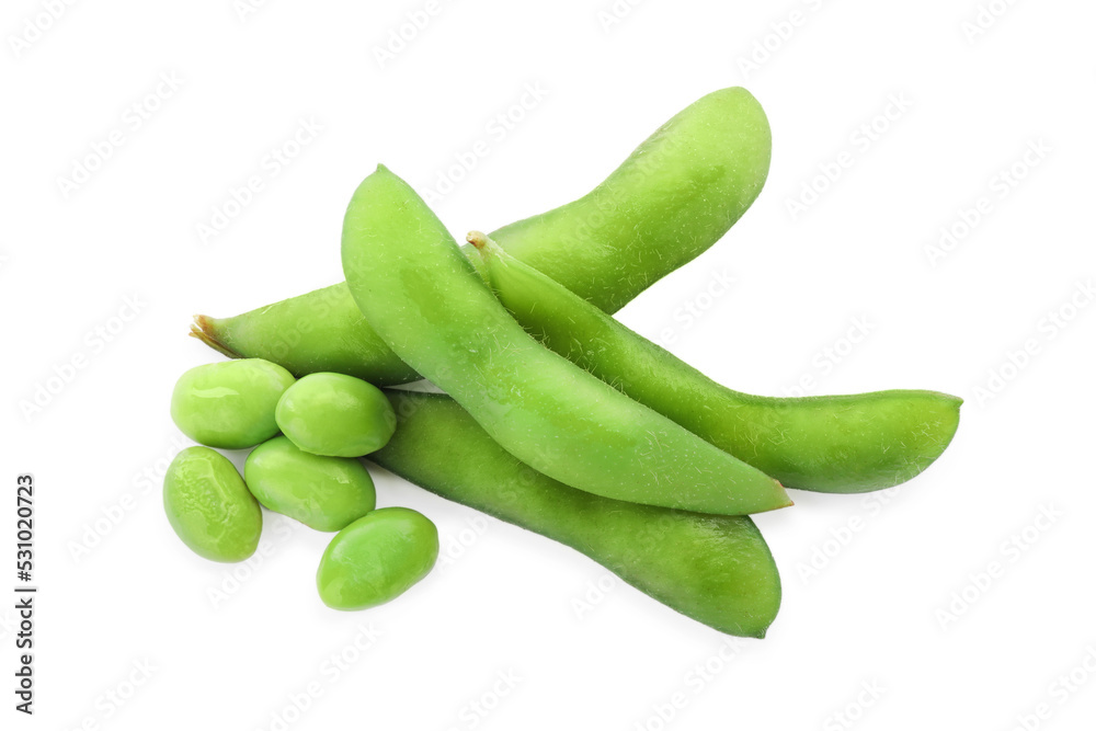 Fresh green edamame pods with beans on white background Fresh green edamame pods with beans on white background