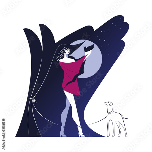 In the theater of shadows, a young vampire girl in a red dress shows with her hands the silhouette of a dog against the background of the full moon, and her dog is nearby.