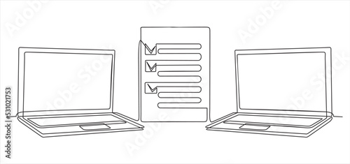 File transfer.Continuous line drawing of Two laptops with folders on screen and transferred documents. Copy files, data exchange, backup, PC migration, file sharing concepts.
