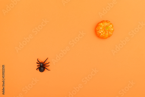 An orange toy pumpkin and a black toy spider. Orange background