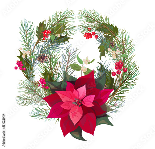 Christmas wreath for holiday decorations. Circular frame with red Poinsettia (New Year Star), holly berry, pine branches, cones. Digital draw realistic illustration in watercolor style. Vector