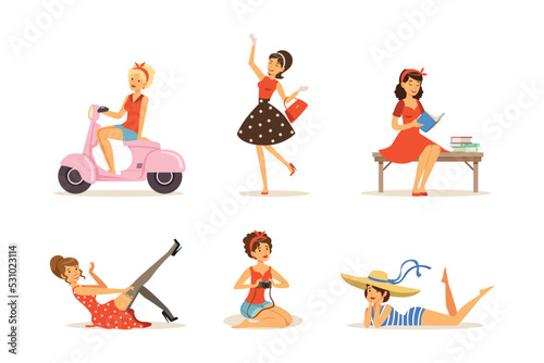 Beautiful Young Woman Dressed in Retro Style Clothes Engaged in Different Activity Vector Set