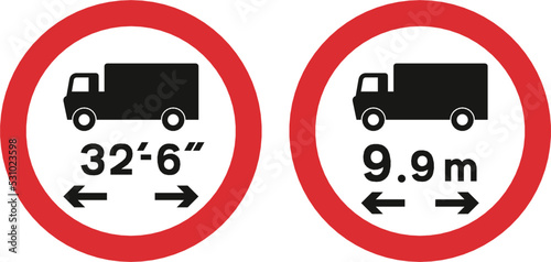 No vehicle or combination of vehicles over length shown, The Highway Code Traffic Sign, Signs giving orders, Signs with red circles are mostly prohibitive. Plates below signs qualify their message.