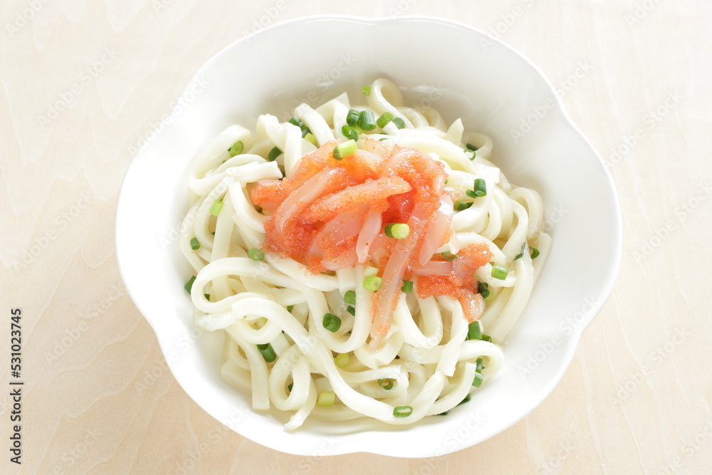 Japanese food, raw squid and Mentaiko sauce on cold Udon noodles for Sumer food image 