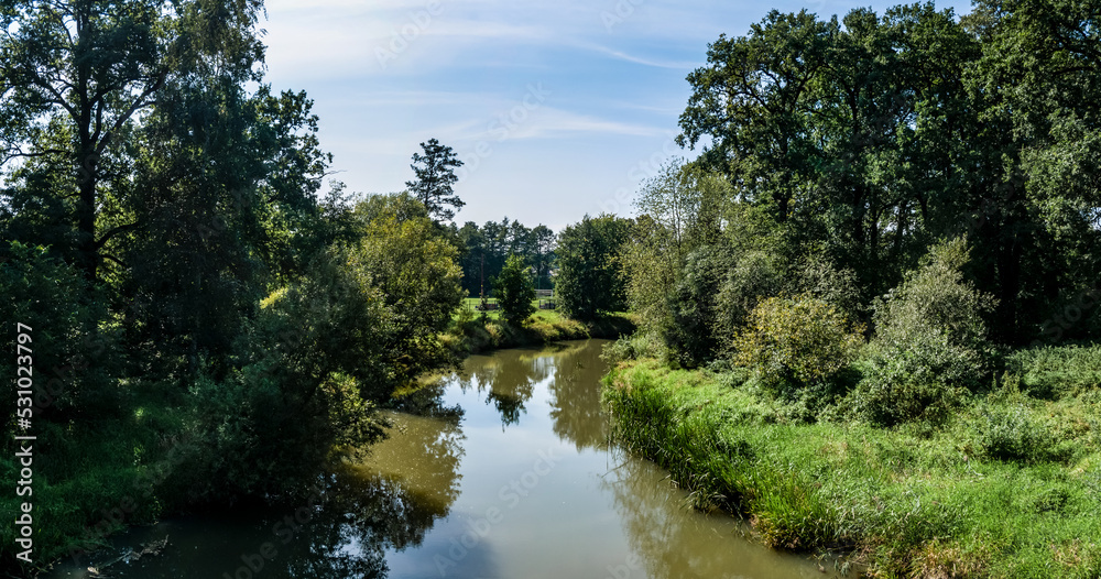 krajobraz rzeki Osobłogi w zachodniej Polsce w jasnych zielono niebieskich barwach i lekko pochmurnej pogodzie - obrazy, fototapety, plakaty 