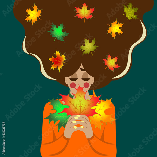 Decorative autumn illustration. A girl with bright leaves on her hair and a bouquet of autumn foliage. Modern style concept for autumn print, design, decor, cards, posters.