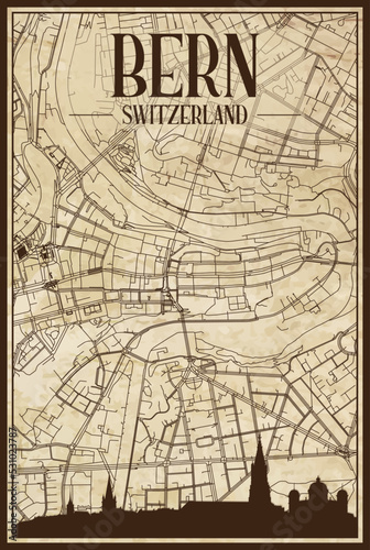 Brown printout streets network map with city skyline of the downtown BERN, SWITZERLAND on a vintage paper framed background