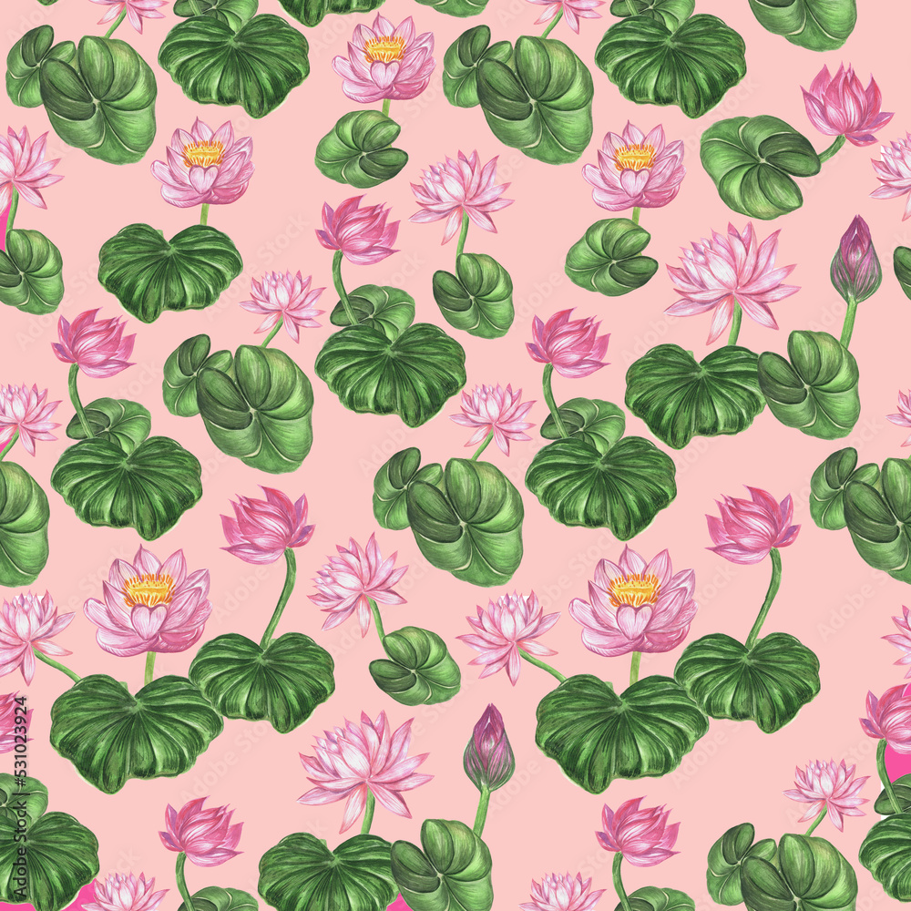 Watercolor pattern lotus flowers on pink background Watercolor pattern lotus flowers on pink background