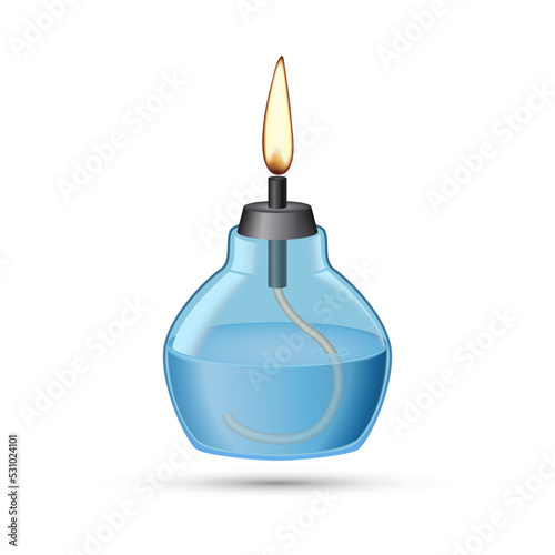 Alcohol burner. Glass flask with solution, wick and flames isolated on white background. Spirit lamp. Burner for heating liquid. Chemical equipment. Laboratory burner for education experiments.