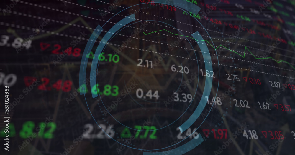 Image of scope scanning with padlock icon and graph over stock market on black background Image of scope scanning with padlock icon and graph over stock market on black background