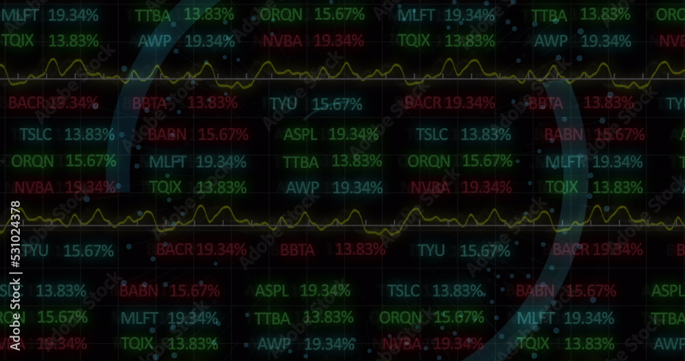 Image of scope scanning with padlock icon over stock market on black background Image of scope scanning with padlock icon over stock market on black background