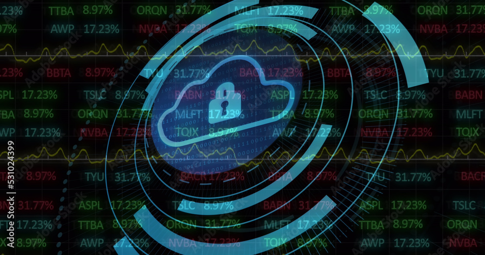 Image of scope scanning with padlock icon over stock market on black background Image of scope scanning with padlock icon over stock market on black background