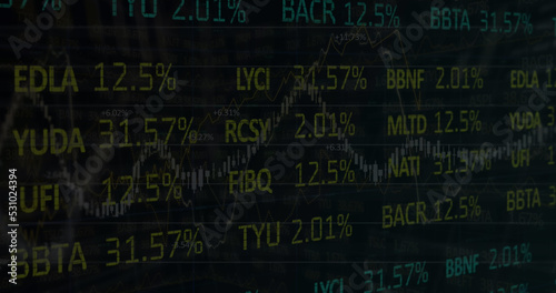 Image of scope scanning with wall icon and graph over stock market on black background
