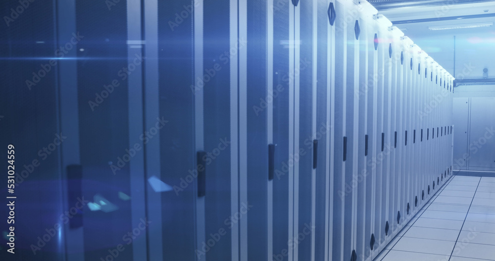 Image of digital data processing over server room Image of digital data processing over server room