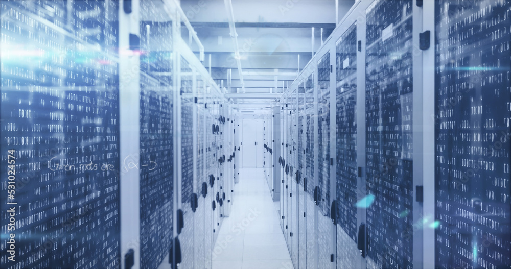 Image of digital data processing over server room Image of digital data processing over server room