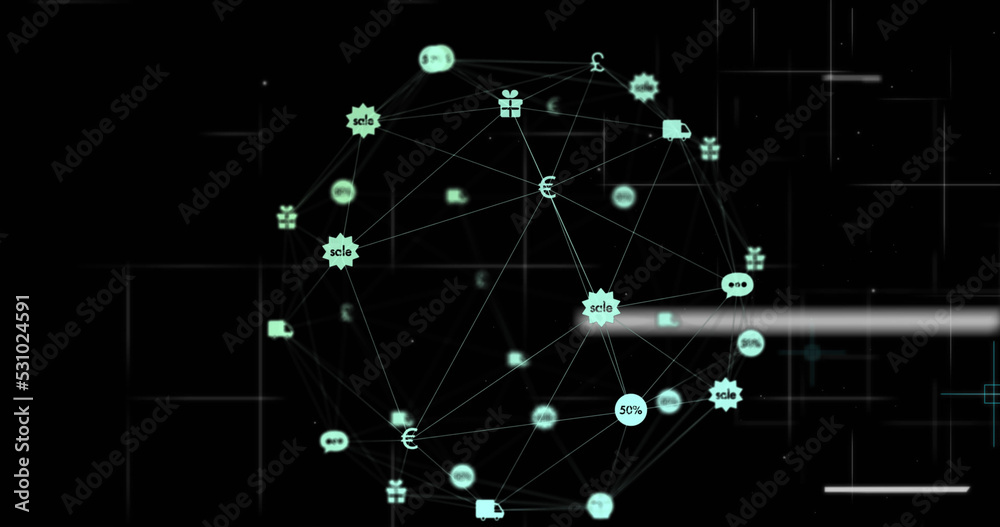 Image of clock and network of connections over dark background