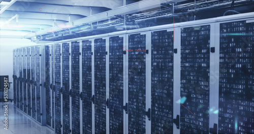 Image of digital data processing over server room