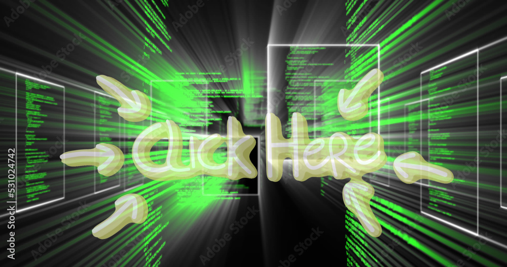 Obraz premium Image of click here text banner over screens with data processing black background
