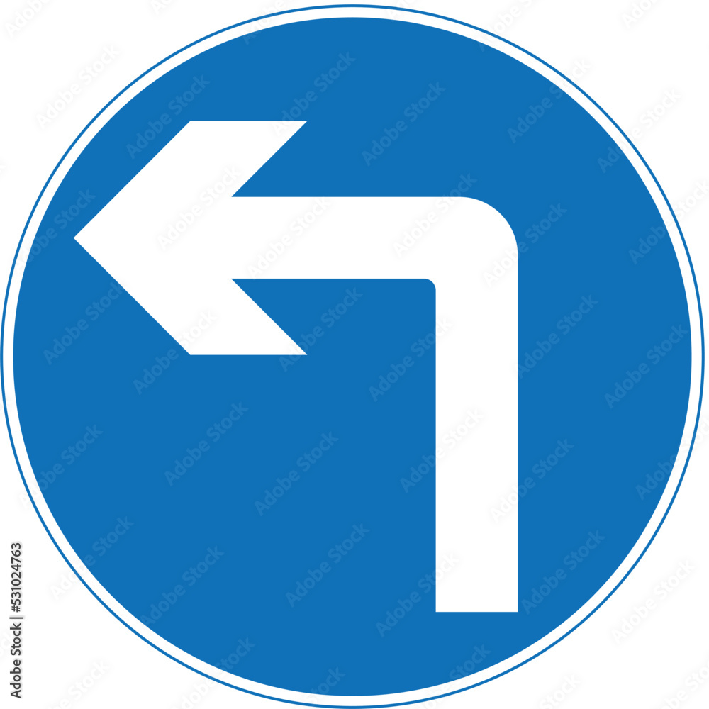 Turn left ahead (right if symbol reversed), The Highway Code Traffic Sign, Signs giving orders, Signs with red circles are mostly prohibitive. Plates below signs qualify their message. Turn left ahead (right if symbol reversed), The Highway Code Traffic Sign, Signs giving orders, Signs with red circles are mostly prohibitive. Plates below signs qualify their message.