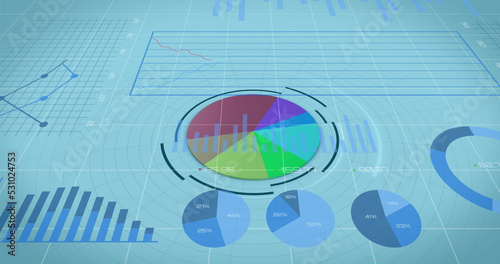 Image of financial data processing over financial graphs on blue background