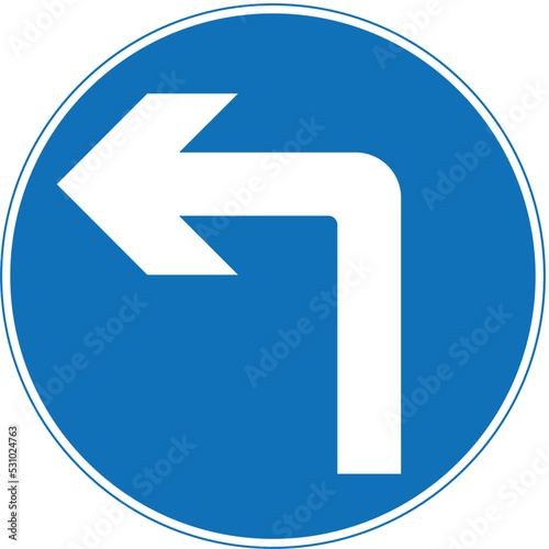 Turn left ahead (right if symbol reversed), The Highway Code Traffic Sign, Signs giving orders, Signs with red circles are mostly prohibitive. Plates below signs qualify their message.