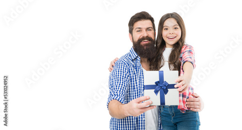Put your purchase in box. Father and child hold gift box. Happy family celebrate holiday. Gift shop. Packaging purchase. Black Friday. Cyber Monday. Purchase and sale. Purchase discount